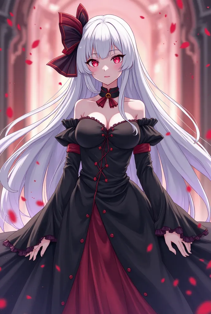 a woman with long white hair in a black dress, shalltear bloodfallen, perfect white haired girl, shalltear from overlord, beautiful anime woman, white haired lady, white haired, ”beautiful anime woman, rimuru, best anime character design, anime woman fullb...