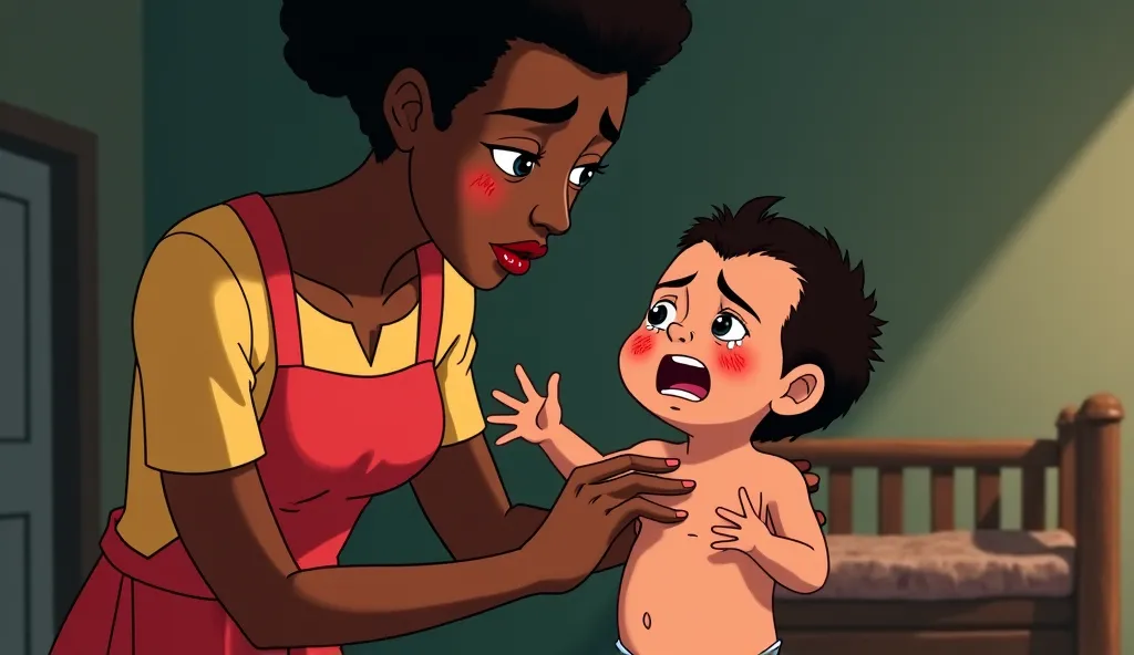 The African housemaid pinched the baby giving him bruises when he cried. Animated 