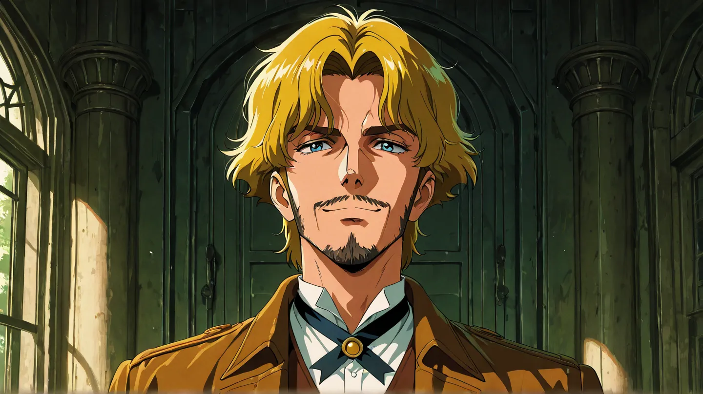 Man, robust and strong body, light blue eyes, dark yellow hair, thin beard, confident and happy expression, 80s detective costume, suspenseful and investigative atmosphere, "anime art, 80s horror anime style, anime lines, anime characteristics, perfect con...