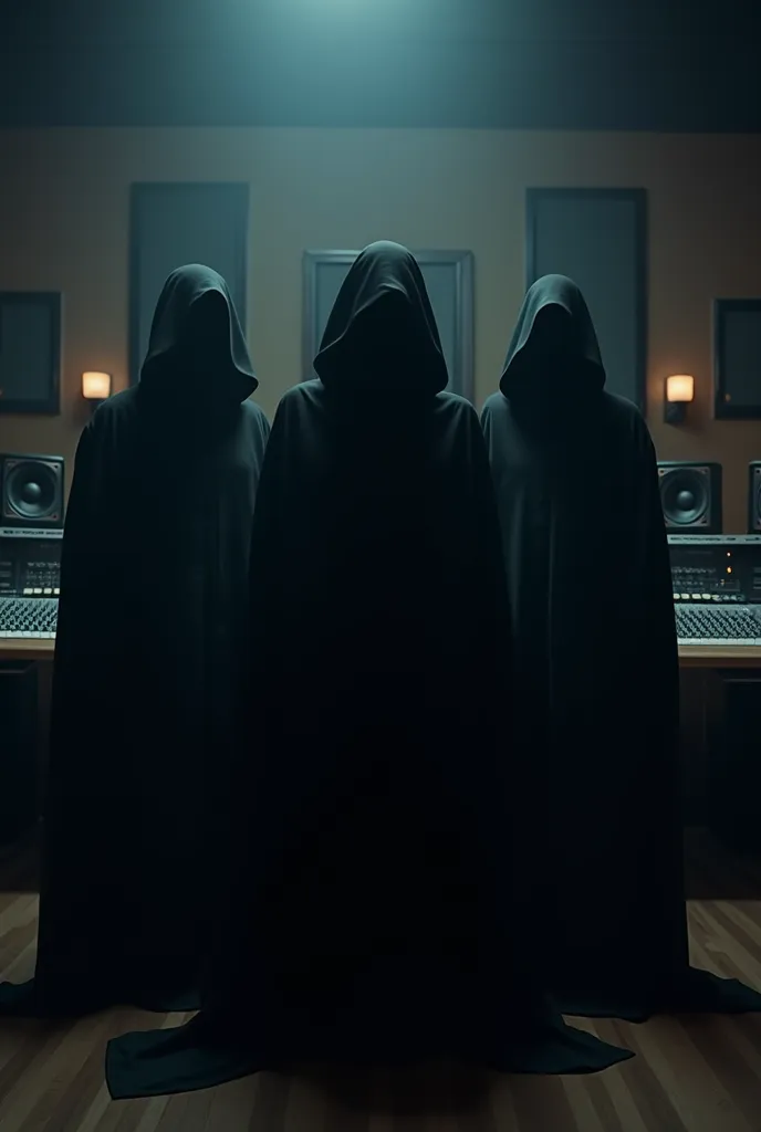 Three people in a singer's studio,dark clothes in capuchatis and with black masks that cover the entire face