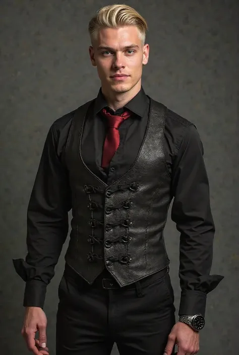 men's corset suit vest, vintage vest, negro, slim fit, with laces, 6 buckles, Fitted top, Wedding scenario , with a gothic red tie inside the vest, long sleeve black shirt folded at the elbows the sleeves folded above the elbows showing skin on both arms, ...