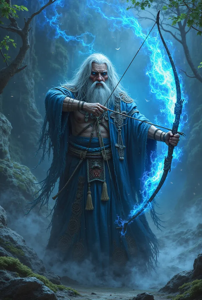 Old black shaman wizard with bow and arrow in hand blue magic 