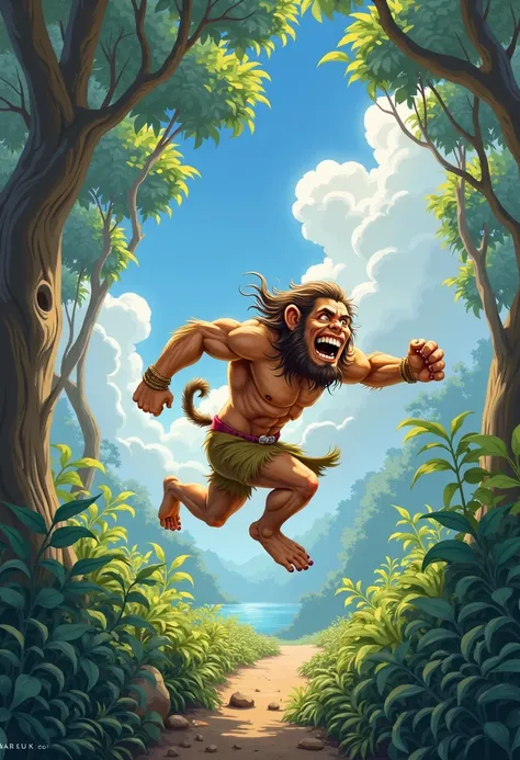 Blue sky, sometimes white clouds are floating. Hanuman is playing in a jungle.)