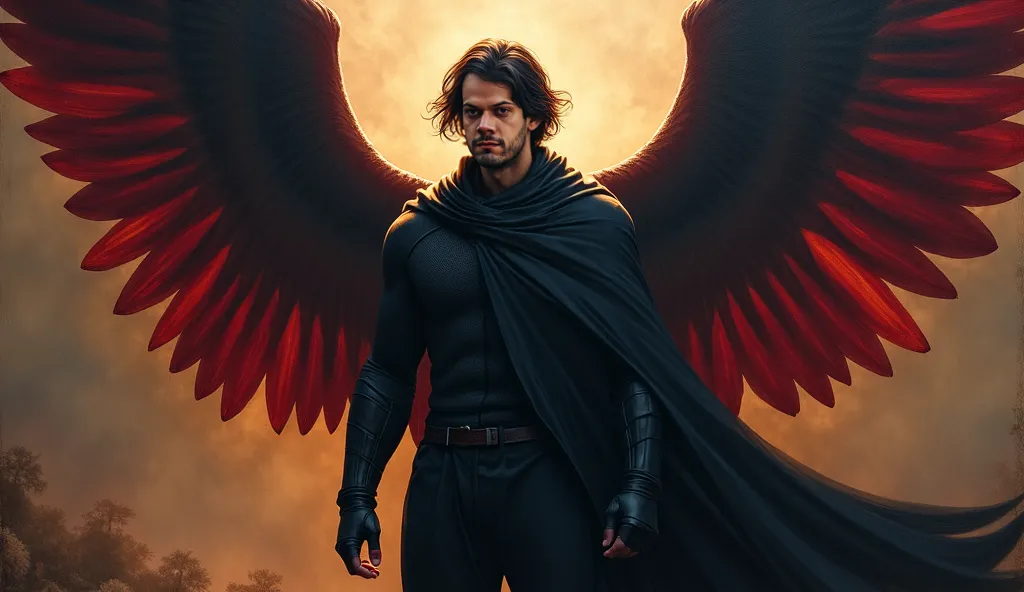 art by alexandre cabanel of A masculine fallen angel enshrouded in darkness, his wings a blend of black and red, exuding a mystical aura. Handsome man. Full Black mantle covering upper body. Strong athletic. A figure of epic proportions, he stands amidst a...