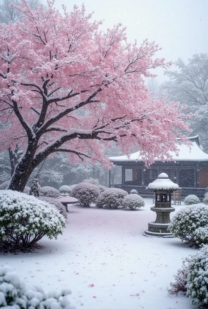 Here is a detailed prompt based on this image:  

*"A breathtaking winter garden blanketed in pristine snow, with a majestic cherry blossom tree in full bloom. The delicate pink petals contrast beautifully against the snow-laden branches, creating a magica...