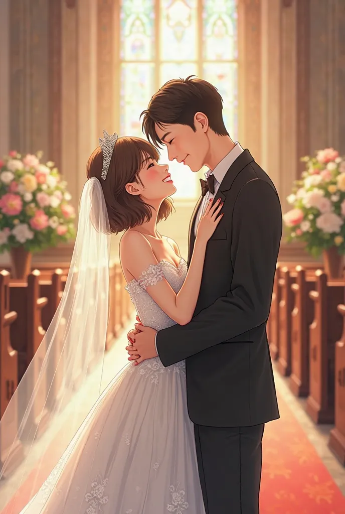 Anime girl with short brown hair dressed as a wedding with a silver crown next to her husband in a black suit with smooth black hair in happy church 