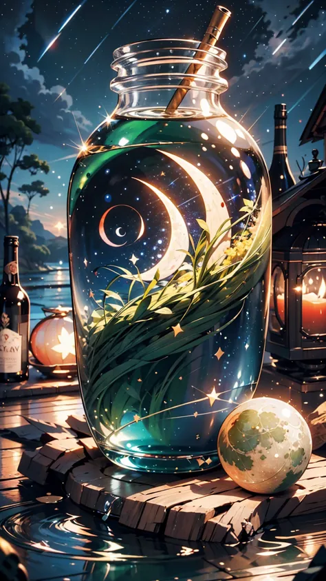  A giant bottle with a majestic lake ,  high quality and highly detailed scene , octane rendering, starry sky , dream , Giant green moon , Heavenly Treasure , inspiration, imagination  