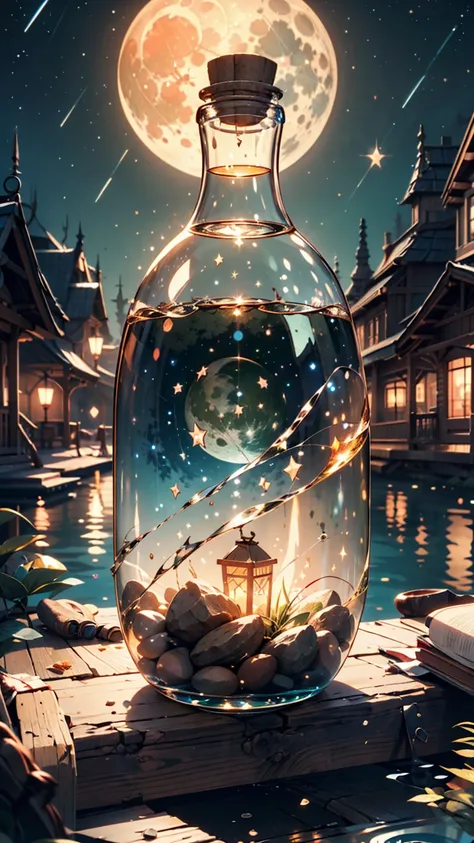  A giant bottle with a majestic lake ,  high quality and highly detailed scene , octane rendering, starry sky , dream , Giant green moon , Heavenly Treasure , inspiration, imagination  