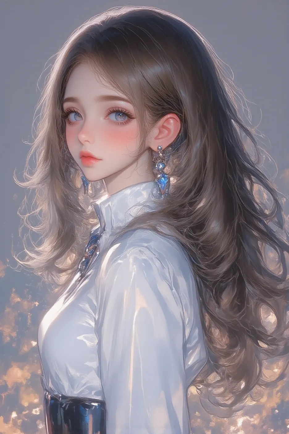  1 Mature Female, High Resolution, long hair,  blue eyes,  silver hair, black hair, jewel, white shirt, Modern atmosphere, beauty, smile, realistic skin, More realistic hair , Realistic Details, photorealistic, realistic costume, language, Detailed descrip...