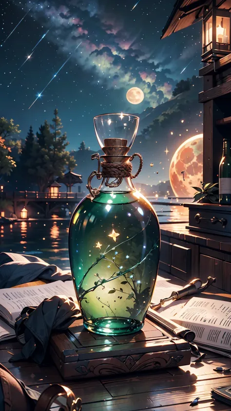  A giant bottle with a majestic lake ,  high quality and highly detailed scene , octane rendering, starry sky , dream , Giant green moon , Heavenly Treasure , inspiration, imagination  