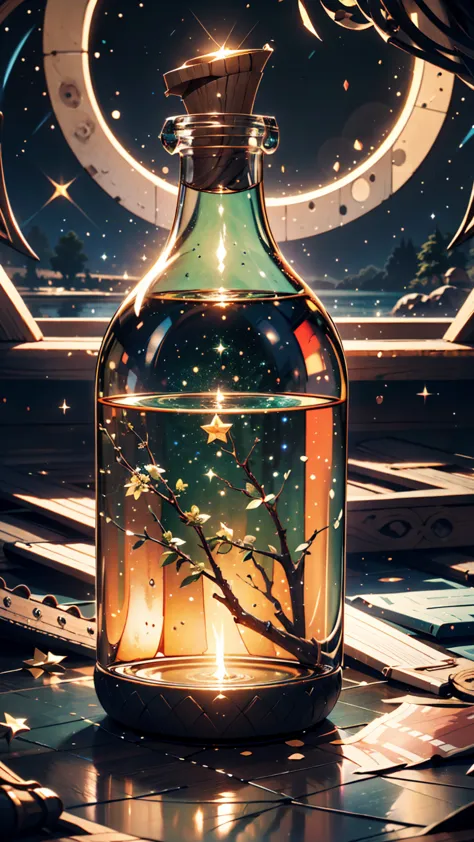  A giant bottle with a majestic lake ,  high quality and highly detailed scene , octane rendering, starry sky , dream , Giant green moon , Heavenly Treasure , inspiration, imagination  