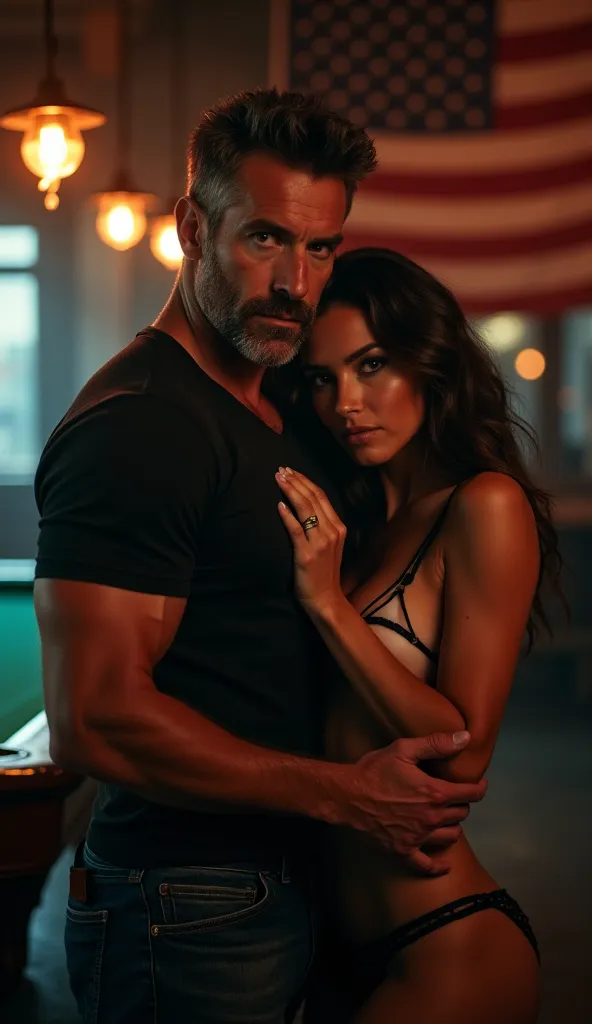 A dimly lit billiards room radiates confidence and seduction. A ruggedly handsome man in his mid-40s, muscular but not exaggerated, stands at the center, gripping a pool cue with effortless dominance. His piercing gaze meets the camera, exuding an air of q...