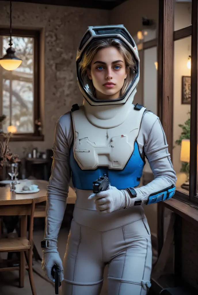 a woman sara in house wearing a tight FCSPAC3SUIT, "Spacesuit from First Contact" with blue details and helmet holding a pistol