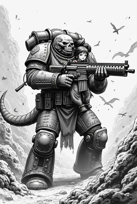 A Warhammer 40k salamander in black and white Japanese manga style, He must be fighting demons while carrying a defenseless girl on his arm while shooting at demons. The style of the image should look like the panels in the manga chainsaw man