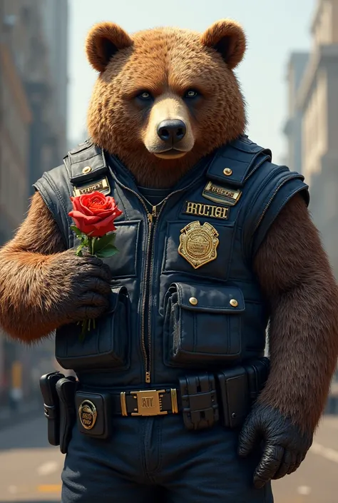 Strong police bear with initials BFTW on the vest and holding a rose 