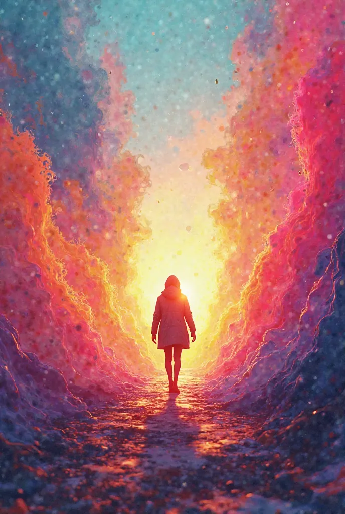 Dynamic background with vibrant colors and an animation of someone walking toward a bright horizon.