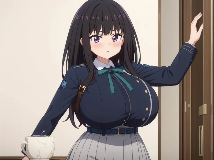 (UHD, retina, masterpiece, accurate, anatomically correct, super detail, high details,   highres,anime screencap, anime coloring:1.3)、(inoue takina:1.3)、(long hair, bangs, black hair, purple eyes:1.3)、(very gigantic breasts:1.3)、(shirt, long sleeves, dress...