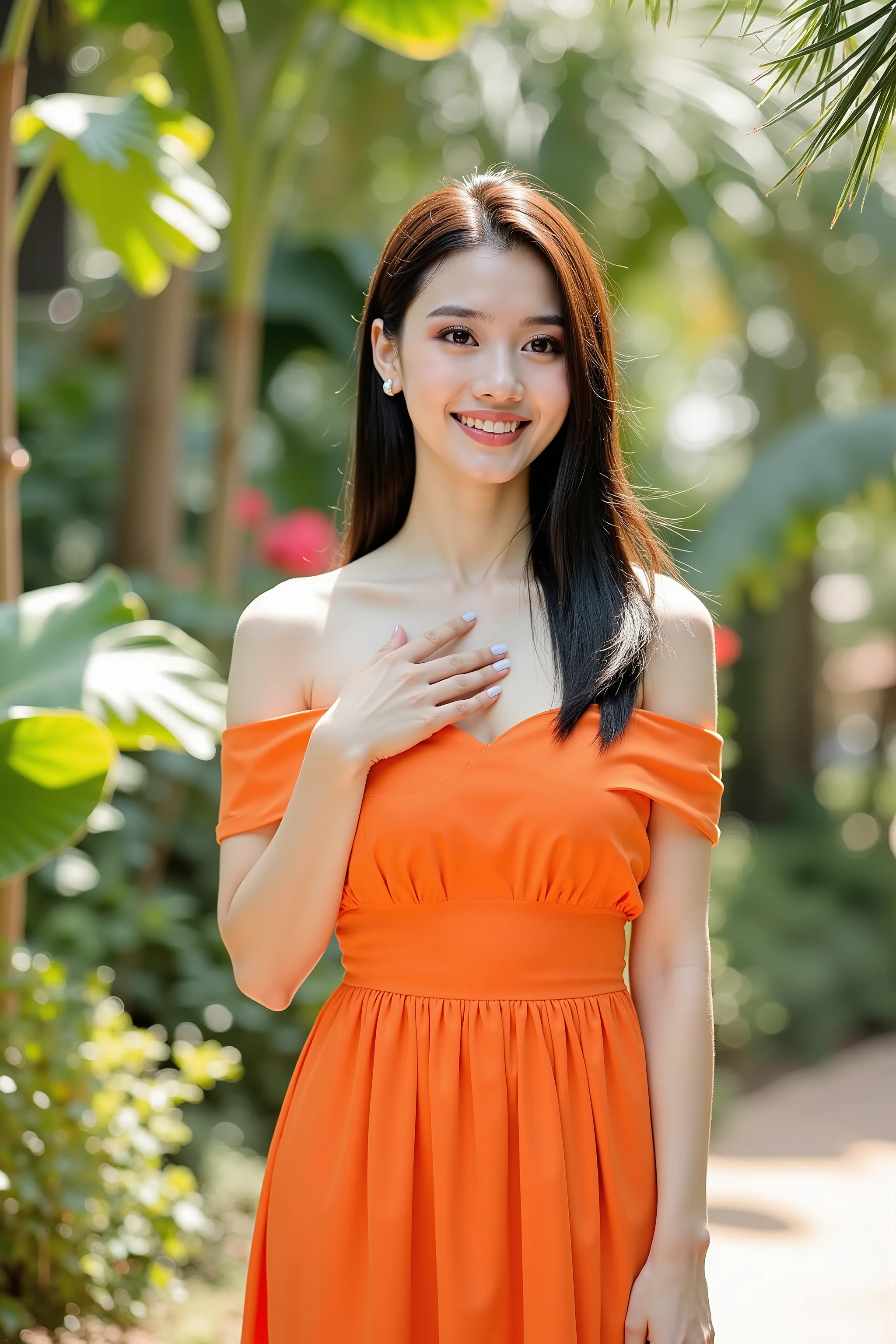 close up shot photo, Instagram model, realistic portrait photo of a beautiful Asian woman, she wearing on orange color sundress with bare shoulder, put a hand on chest, sunlights outline her figure, medium breasts, wind gently blowing her hair, she standin...