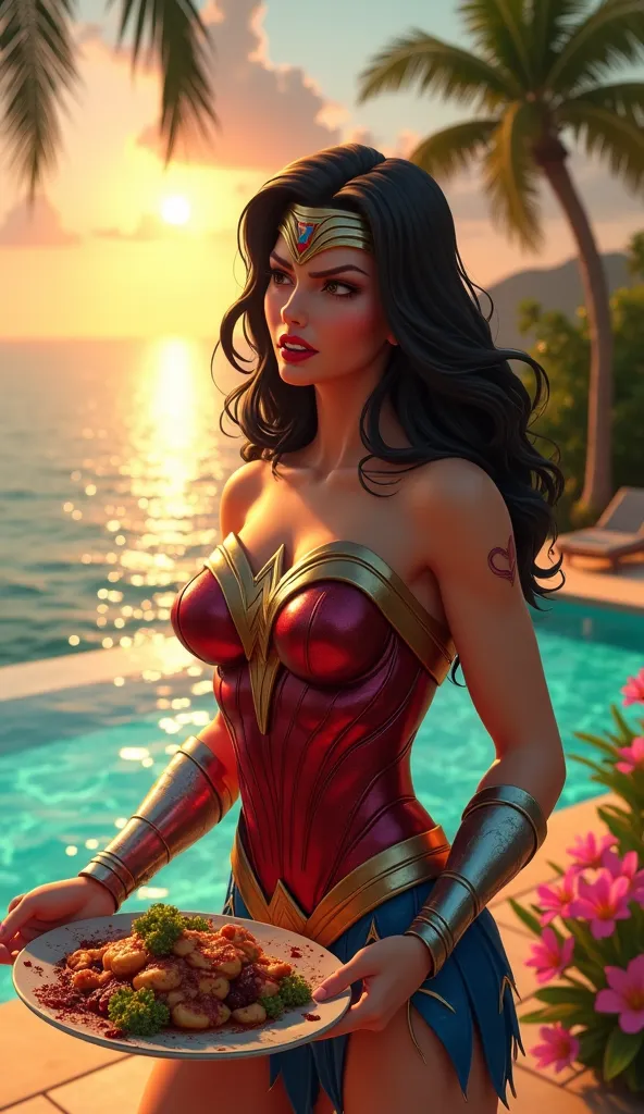 A highly detailed 3D-style scene of Wonder Woman in a breathtaking tropical paradise at sunset. Behind her, a luxurious beachfront villa overlooks the shimmering turquoise ocean, with tall palm trees swaying gently in the warm breeze. A pristine swimming p...