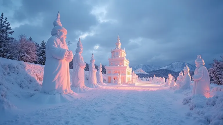 high quality、 8k resolution、real、Hokkaido Snow Festival venue、Crumbling Snow Statues、Massive Snow Festivals、Traditional Snow Statues、light up、Twilight Skies、Snowy Scenery、 Frozen Wind 、Romantic Atmosphere、Photographer's style、photorealistic、UHD、Extreme Det...