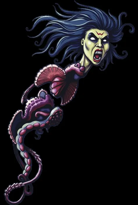 a close up of a cartoon character with a creepy face, a digital painting inspired by Tsukioka Yoshitoshi, deviantart contest winner, cobra, snake woman hybrid, tentacle monster, snake woman, full color digital illustration, some tentacles are touching her,...