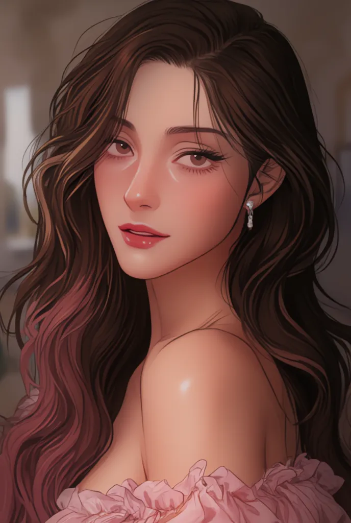 Pretty woman with a tender face, soft and kind, Brown Brown brown skin, very long and wavy dark brown hair with pink at the tips, pink to bright eyes, her lips with pink lipstick. Dressed in a romantic pink dress.