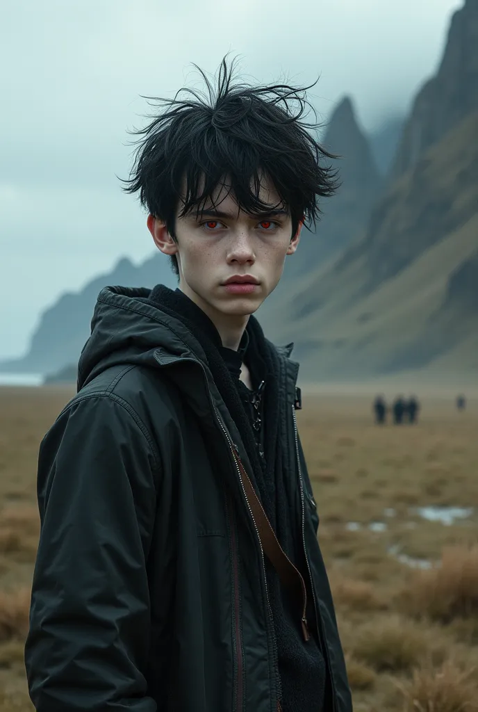 A 20 year old boy, with red eyes, black hair and pale skin, westernmost
