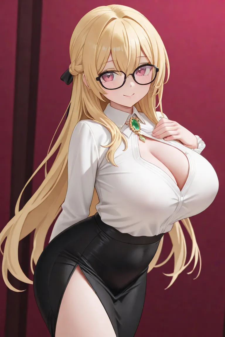 black-rimmed glasses -- yet、A shirt with a slightly open chest、Tight skirt with deep slit。and an intellectual vibe wearing elegant yet somewhat glamorous、that exudes adult sex appeal。