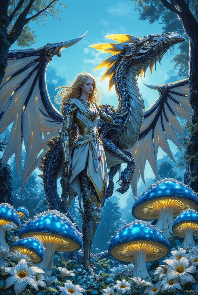       high fantasy 、 dragon armor helmet visor mask cloak  、Dragonlance、Food、 neutral face 　blonde long hair、Kill monsters   　  I'm carrying a dragon that looks like a two-legged bird 　 The background is a forest overgrown with giant blue-purple luminescen...