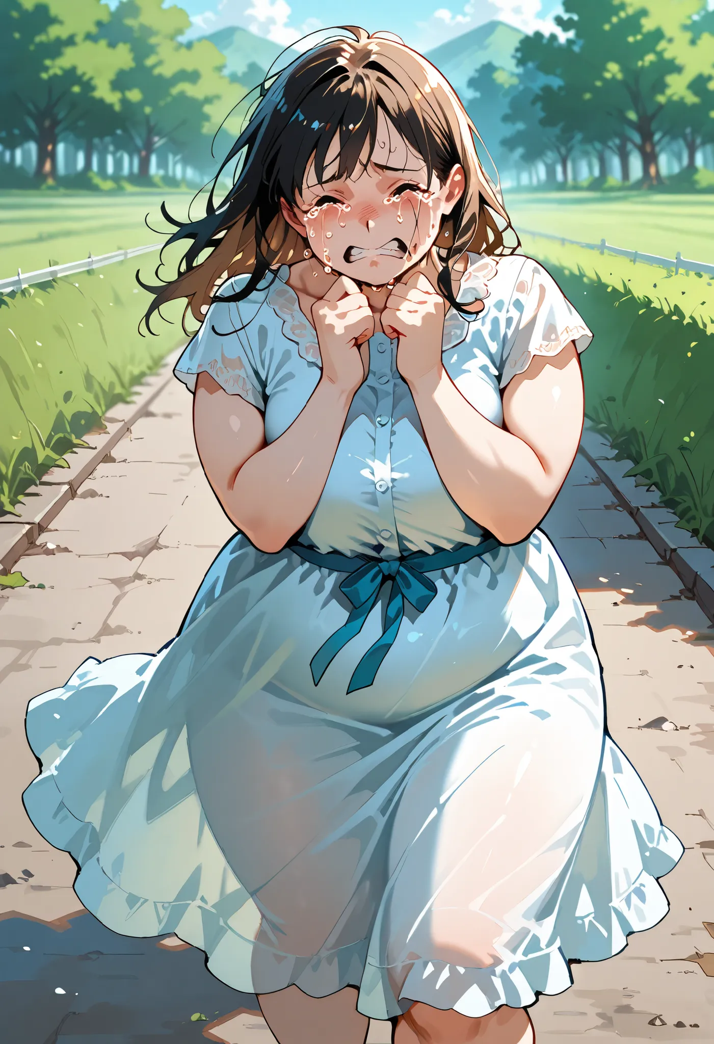 art by kipteitei, 1girl, crying, running down hill, dress, chubby (best quality, masterpiece)