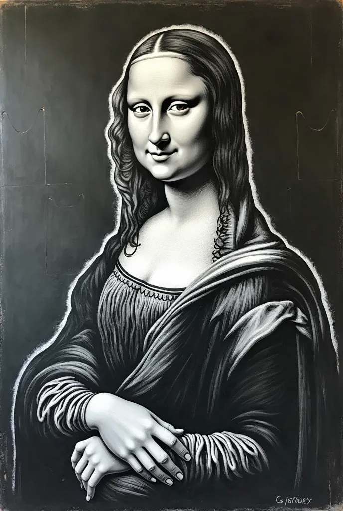 a chalkboard in a classroom, there is an intricate line drawing of the Mona Lisa drawn with white chalk on the chalkboard, there is a "C+" grade in the corner of the chalkboard with the words "Needs improvement"