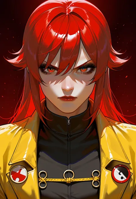 (COM OLHOS DE CORVOS AO SEU REDOR) venon-jinx female MAGIC tall slim body short liso red haircut Ash FIRE hair tatuagem de esterlas nos olhos, yelow black-fire heavy dark makeup big smokey eyes looking at camera awesome badass, angry mood, full BLACK moon ...