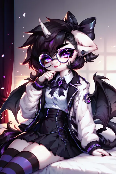 furry,with white coat color , Black hair, black tail, glow in purple, horn, hornа, wings, hair bow, black ear tips, big round glasses, left eye pink , right eye purple , black skirt, blazer with a white shirt and a red butterfly, stockings with black an...