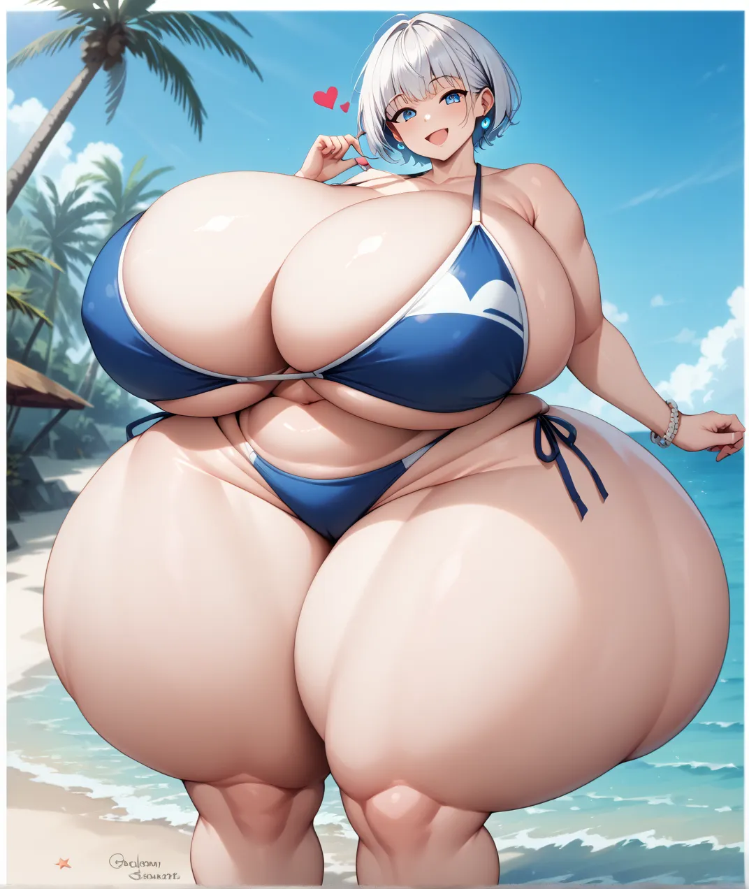  in the seat, White short hair, Background Beach, ((Big Breasts)),  bust up,  my heart seems to burst, Body Curves,   plump, Smile lightly ,  Bikini, relax, huge ass, huge ass, thick thighs,  huge ass, (  big size :1.4)Extra large big size, Extra large big...