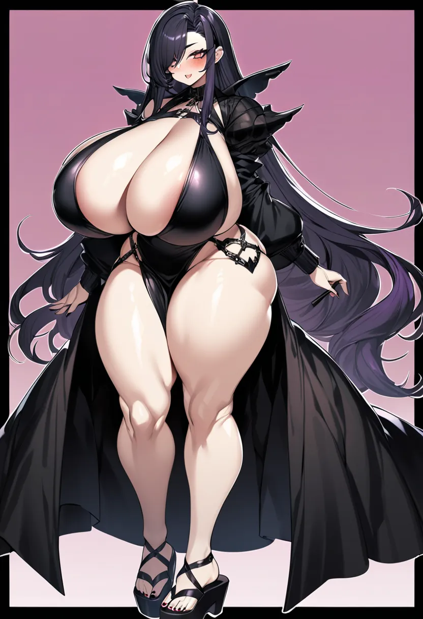 A goth anime woman with colossally gigantic breasts, very wide hips,  butt sandals,  small waist , voluptuous and sexy