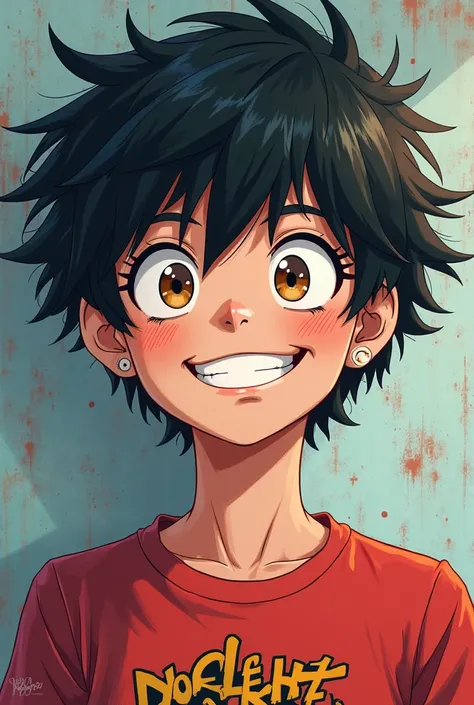 A boy with short black hair,light brown eyes,He has two piercings, one on his lips and the other on his nose,He is smiling,And she has a t-shirt from a rock band,My hero academia style 