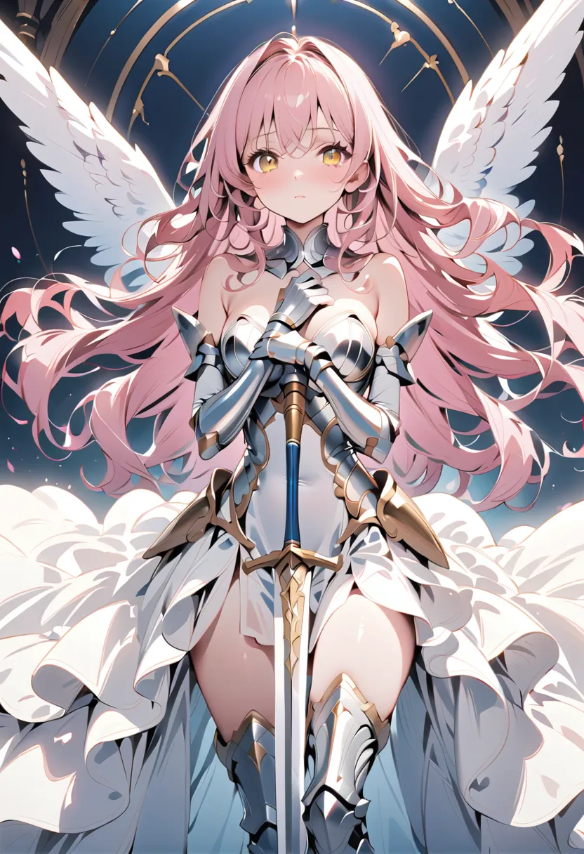 (masterpiece), best quality, 1girl, centered, Valkyrie, angel knight in withe dress and sliver armor, shiny armor, High-gloss armor, reflective metal armor, holding sword, (long_sword), pink long curly hair, yellow eyes, wings, white outfit, perfect lighti...