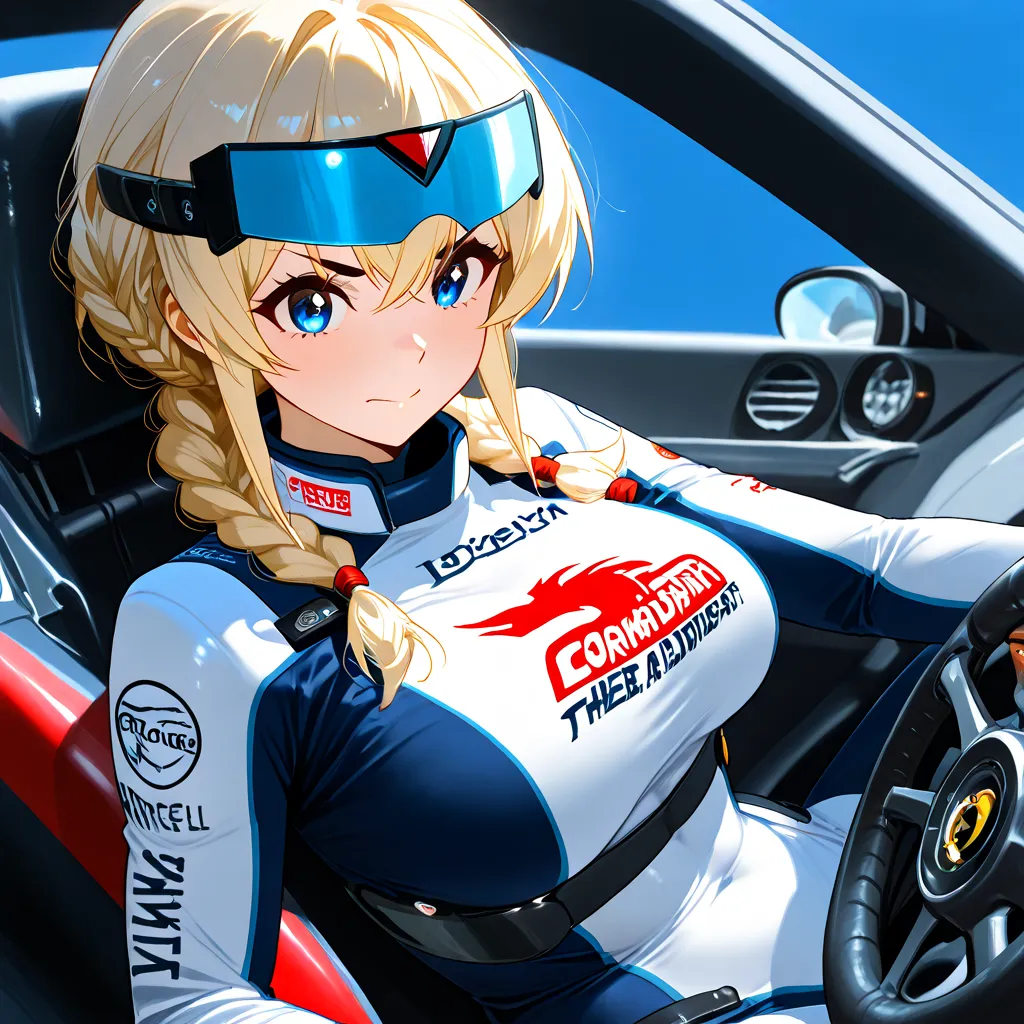 Anime-style. A 30-year-old Formula 1 driver, racing for Ferrari, is inside her car, fully focused as she speeds down the track. She has long blonde hair tied in braids, with a few loose strands flowing in the wind, and sharp blue eyes filled with determina...