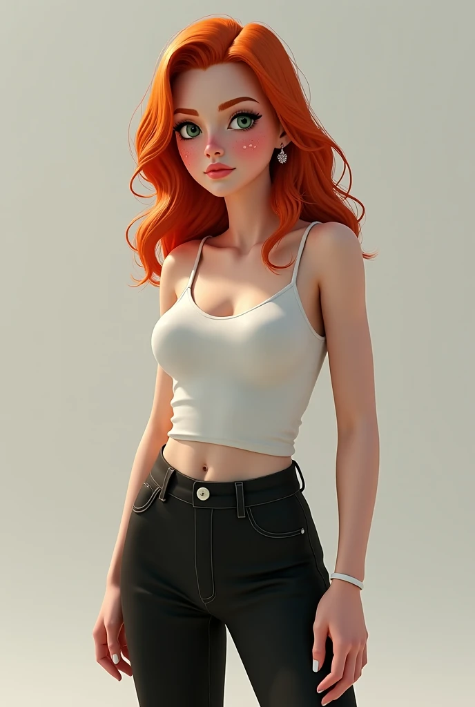 Girl with copper red haired hair,  light green eyes, fair skin with vitigo, slightly overweight. Her clothing is a white tank top, black flared pants and white short platform sandals. 