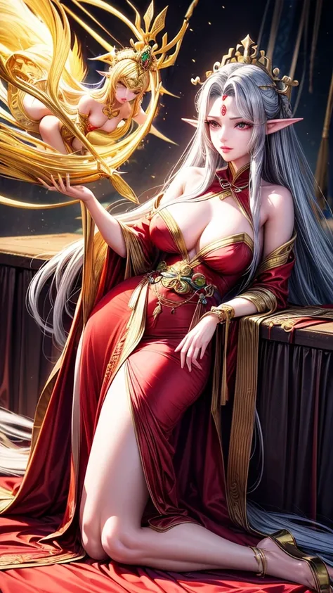 Close-up of a woman wearing a red dress and gold jewelry, （（Elf ears）），Royal sisters，Excellent appearance，Queen Medusa，Beautiful and elegant queen, portrait of queen, xianxia, Beautiful fantasy queen, xianxia fantasy, Beautiful young wind elf, Inspired by ...