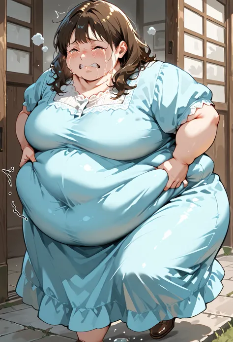 art by kipteitei, 1girl, crying, running down hill, dress, chubby (best quality, masterpiece) (weight conscious:1.3) (belly grab), (extremely fat)