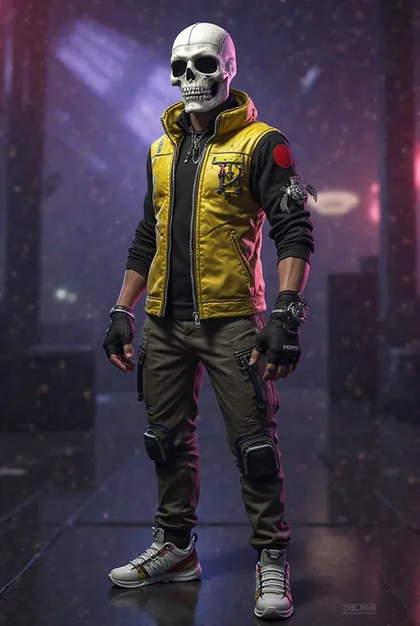 The image features a video game character, possibly from Free Fire, wearing a white and gray skull mask. He wears a gold vest with details in lime green, black long-sleeved blouse with a red spot, cargo pants and white sneakers with colorful details. On th...