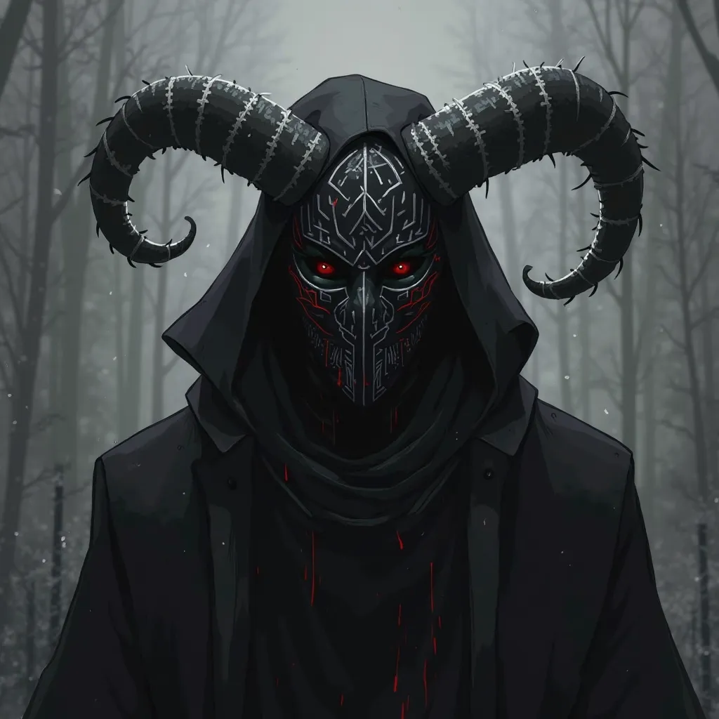 A being made of shadows, with a black mask covering the entire face with white scriptures and with 2 horns with one of them broken, And he wears an overcoat made of shadows, Anime traits, however darker