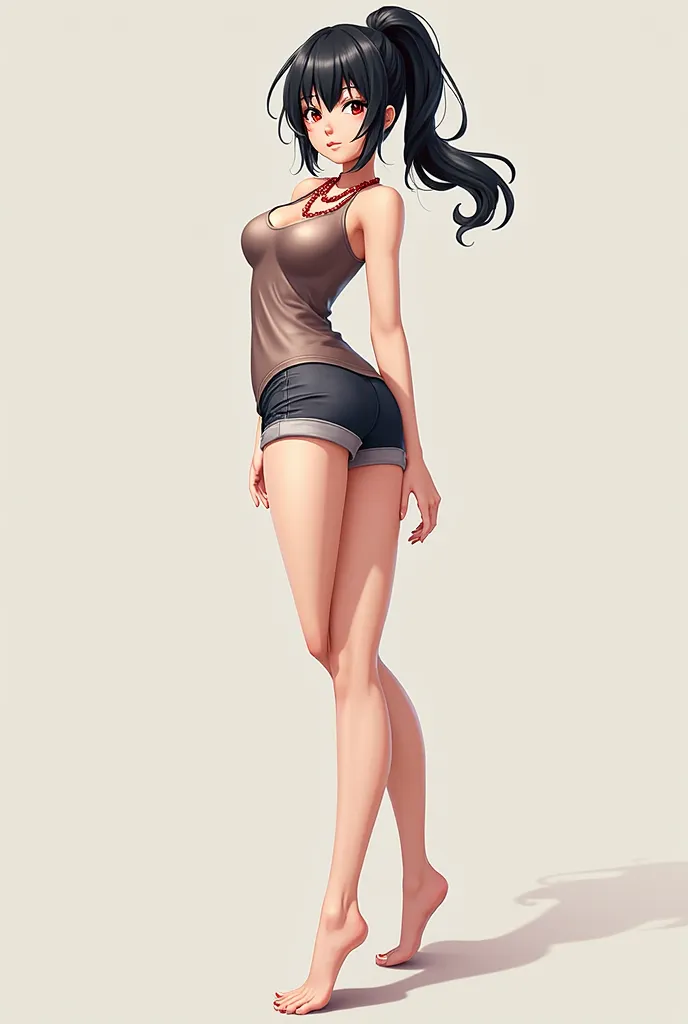 front、Cute  with a ponytail、３D anime character、 Sheer Tank Top、shorts、Red Necklace、 dark hair、Black Eyes、sexy pose for the body、full body、I'm showing the soles of my feet