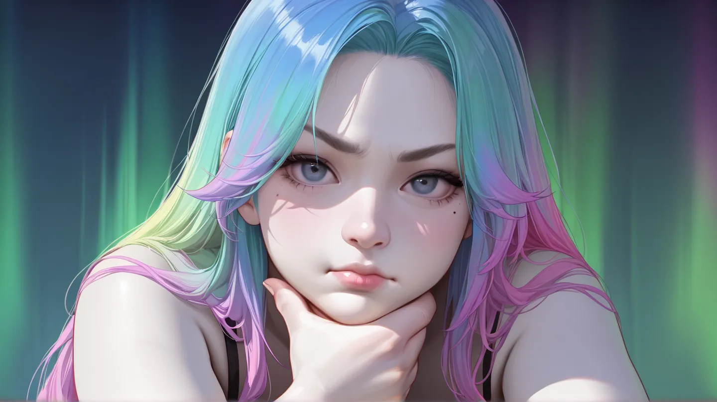  masterpiece, 最high quality, high quality, SO BEAUTIFUL,  is ridiculous,  latest, 1 girl, Alone, longhair,  Aurora colored hair, plump lips ,small mole under eye, pale skin,  portrait, nose, realistic, Raise your chin and look grumpy、arms crossed、