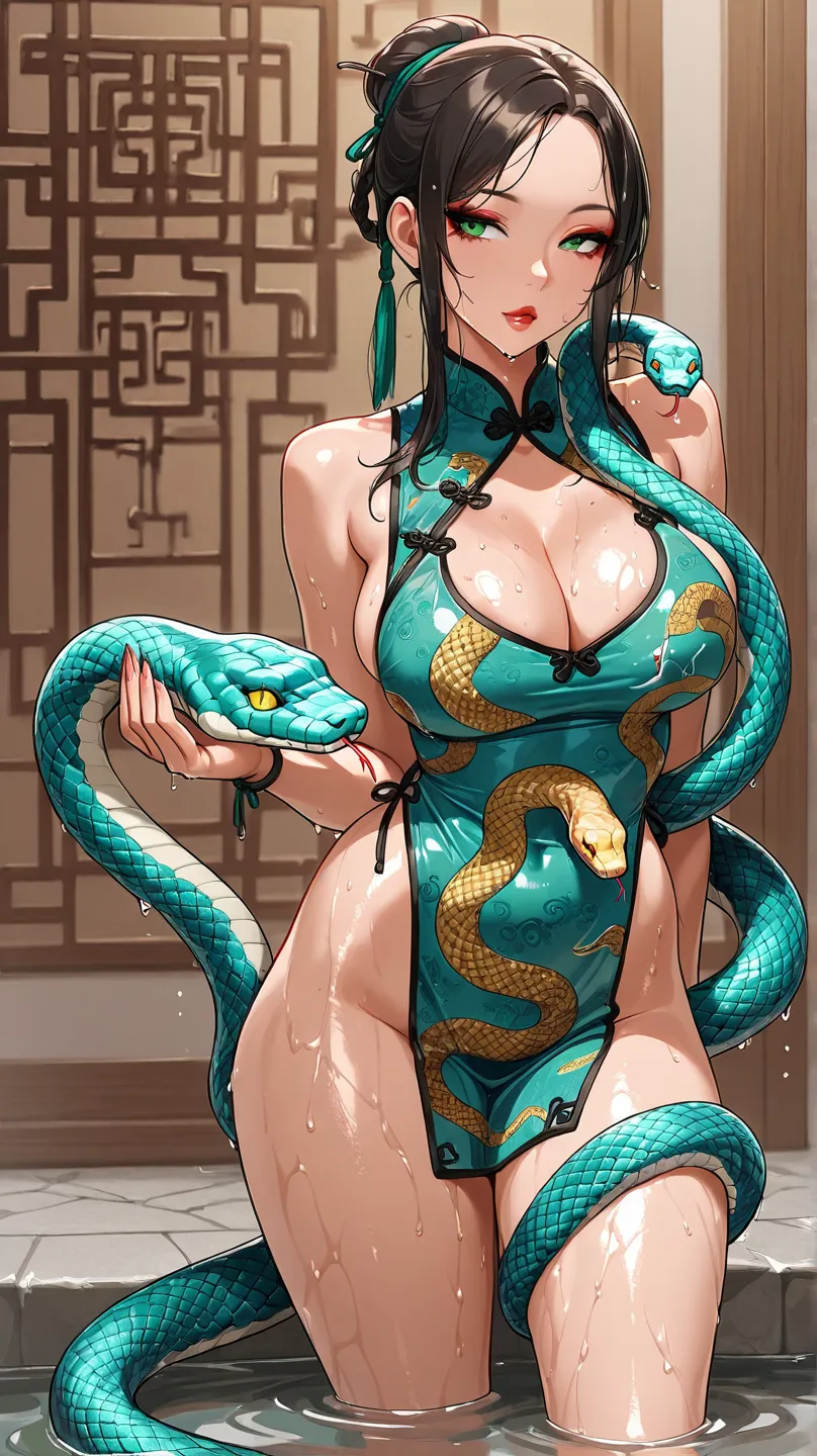  masterpiece, best quality,  snake, Chinese Pattern, Wet woman，slutty woman