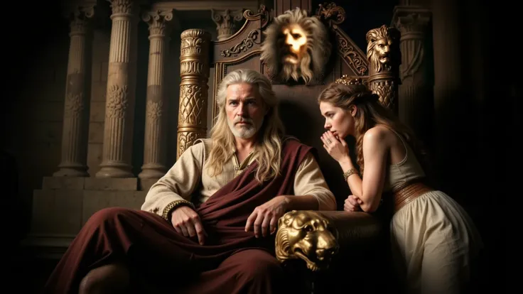 50 years old. Bearded. Long hair. Serious, thoughtful, worried. King Eurystheus, seated on his throne, deep in thought. King Eurystheus is seated on his wooden throne adorned with golden lions, in Ancient Greece. He has white skin, gray hair, and appears t...