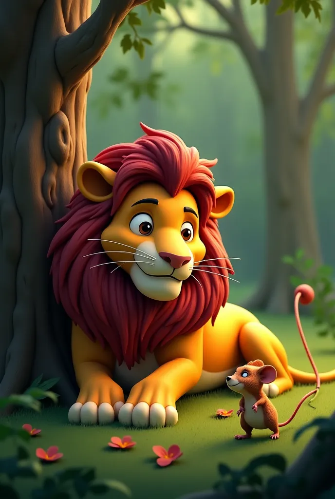 In cinematic 3d style "Create an illustration that depicts the classic Aesop's fable "The Lion and the Mouse." The scene should show a mighty lion lying asleep in a forest, with a tiny mouse accidentally disturbing him. Capture the moment of the lion's ini...