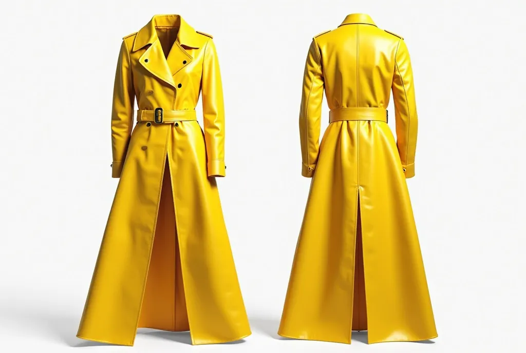 design an image of mens leather trench coat with wide flare in yellow color on white background, show full image from front and back
