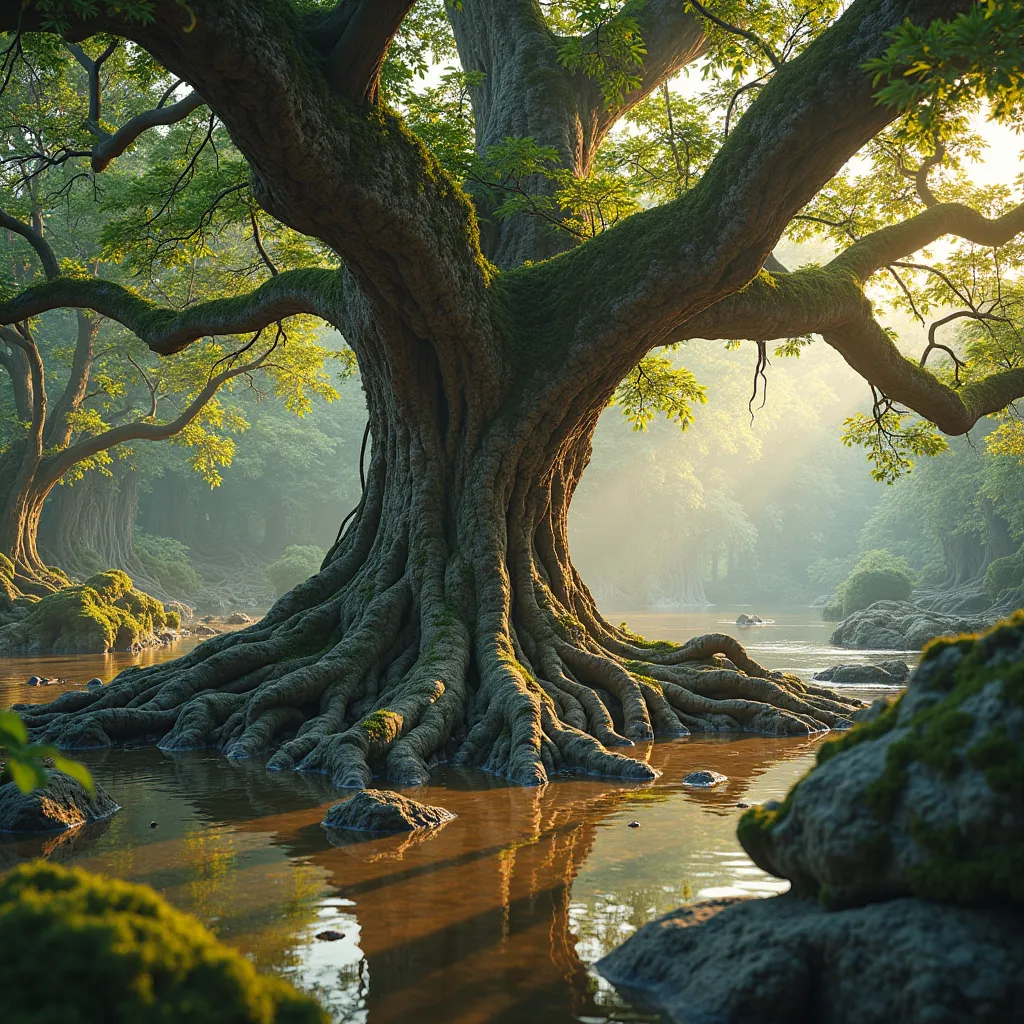 A close-up, ultra-HD image of a centuries-old tree at Bà Om Pond, with its gnarled, sprawling roots emerging from the earth. Sunlight filters through the dense foliage, casting golden hues onto the mystical setting steeped in local folklore